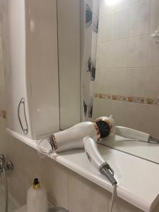un asciugacapelli in bagno, seduto su una mensola di Апартаменты на проспекте a Vinnycja