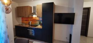 a kitchen with a black refrigerator and a sink at Apartment Sandy Beach - 1st row at sea in Pješčana Uvala 