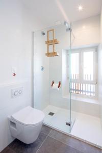 a bathroom with a toilet and a glass shower at Ted Surf House in Capbreton