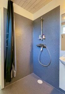 Liv's Guesthouse في تورشافن: دش في الحمام بجدار ازرق