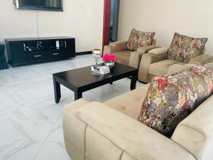 Sala de estar con 2 sofás y mesa de centro en Revara Home en Dodoma
