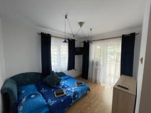 a bedroom with a blue couch in a room with windows at Apartament Zarnesti in Zărneşti