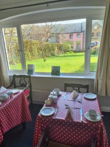 a table with red and white polka dot table cloth at Ashe's Accommodation in Dingle