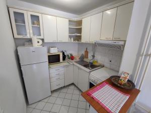 uma pequena cozinha com um frigorífico branco e uma mesa em Woody em Novi Sad