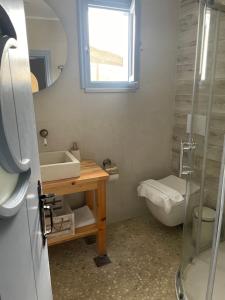 a bathroom with a sink and a toilet and a mirror at Theros - Traditional House in Psinthos in Psinthos