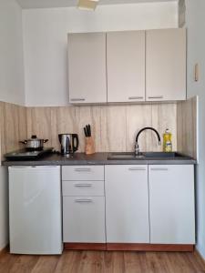 a white kitchen with white cabinets and a sink at Villa VIP Jurata in Jurata