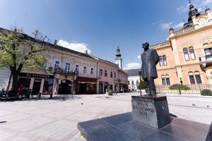 uma estátua de um homem parado numa rua em Old Town Rooms em Novi Sad