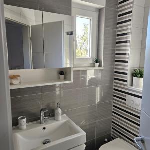 a bathroom with a sink and a mirror at Apartman River Breeze in Omiš +46 photos