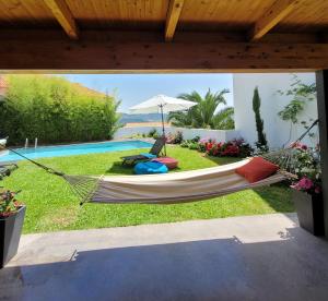 a hammock in a yard next to a pool at Alijó Douro House in Alijó