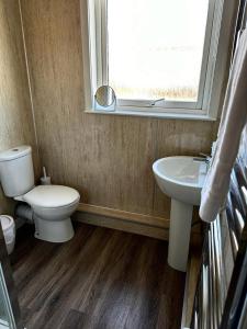 a bathroom with a toilet and a sink and a window at Nithsdale Hotel in Sanquhar