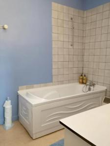 a white tub in a bathroom with a blue wall at Appartement de 2 chambres avec wifi a Givet in Givet