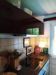 a kitchen with black cabinets and a table with a lamp at Försterhaus am Linowsee in Rheinsberg