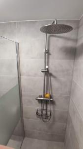 eine Dusche mit Duschkopf und ein Regal im Bad in der Unterkunft B&B Sabai Sabai Amsterdam in Amsterdam
