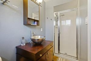 uma casa de banho com um lavatório e um chuveiro em Riverview Huge Yard, Quiet Cul-de-Sac, Perfect for Families em Sacramento