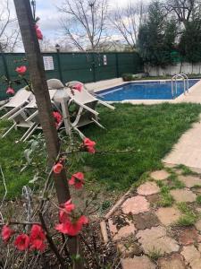 - une table et des chaises à côté de la piscine dans l'établissement Eren Villa, à Sapanca