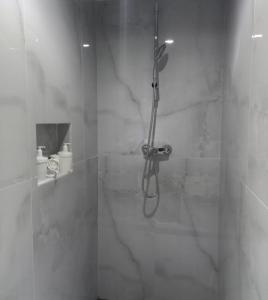 Vara Blanca的住宿－Deluxe boutique lodge，带淋浴的浴室和玻璃门