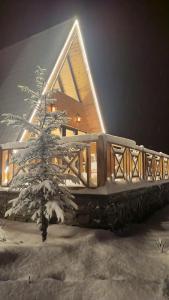 una cabaña de madera con un árbol de Navidad en la nieve en Pamira Tatil Köyü, 