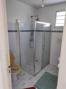 een badkamer met een douche en een toilet bij Villa familiale avec piscine in Le Marin