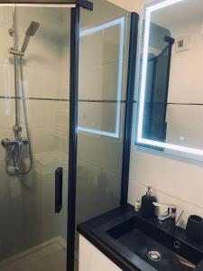 a bathroom with a shower and a sink and a mirror at Apartament Poznańska 24 in Bydgoszcz