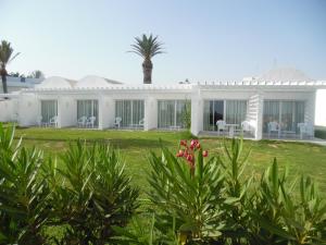 a white house with a palm tree in the background at Amber El Fell in Hammamet Nord