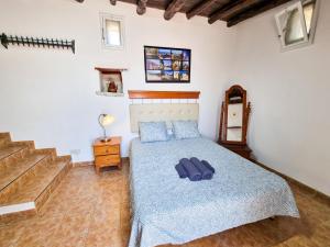 a bedroom with a bed with blue pillows on it at Poseidon's Pool Paradise in Skarinou