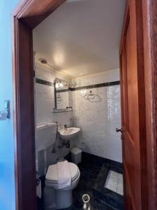 a bathroom with a toilet and a sink at Limeni Studios in Limeni