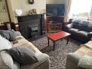a living room with two couches and a fireplace at Ivydene Guest House in Skegness