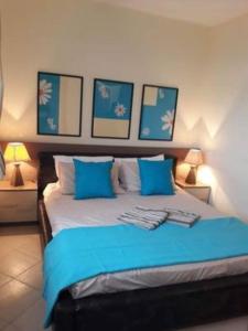 1 dormitorio con 1 cama con almohadas azules y blancas en Modern, 1 Bed Apt, 4* Vineyards, en Kableshkovo
