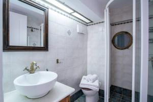 y baño con lavabo, espejo y aseo. en Kolimpithres beach house en Náousa