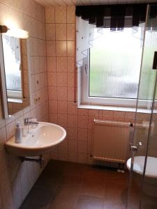 a bathroom with a sink and a toilet and a window at FeWo mit Terrasse - Apartment with terrace in Rockeskyll