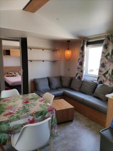 Mobil Home neuf Hyères في هييريس: غرفة معيشة مع أريكة وطاولة