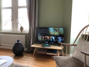 a living room with a television on a table at RaumAusbeute Design Apartment NaturRaum in Detmold