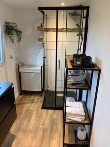 a bathroom with a shower and a shelf with towels at CARLA AM STRAND in Garrel