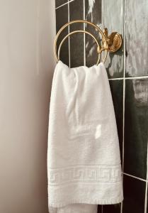 ein Handtuch, das auf einem Handtuchhalter im Bad hängt in der Unterkunft Studio 1 du SPA Célinie in Warcq