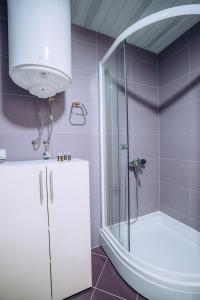 baño con ducha y puerta de cristal en VILLA AFRODITA LAKE SIDE en Lagadin