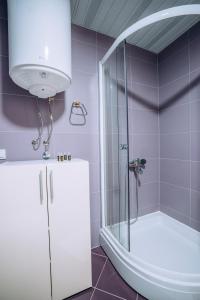 a bathroom with a shower with a glass door at VILLA AFRODITA LAKE SIDE in Lagadin +17 photos
