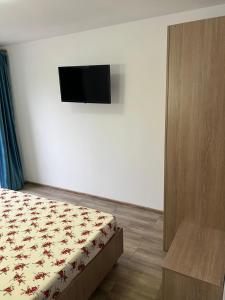 a bedroom with a bed and a flat screen tv at CAZARE JASMINA in Corbu