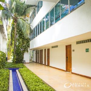 a hallway of a building with a palm tree at Hotel Oceania Cartagena in Cartagena de Indias