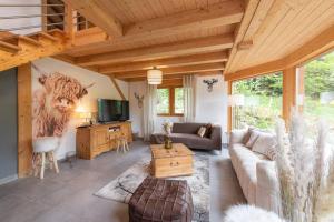 a living room with a couch and a tv at L’Ecrin Blanc – Cocon familial avec jacuzzi et salle de jeux in Liézey