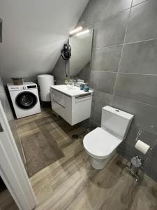 a bathroom with a toilet and a sink and a washing machine at Casa da Margarida in Vila Nova de Foz Coa