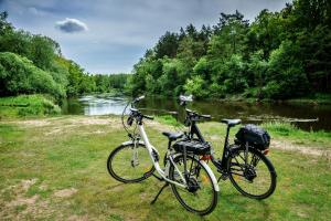 due biciclette parcheggiate sull'erba vicino a un fiume di Spalskie Pokoje Gościnne a Spała