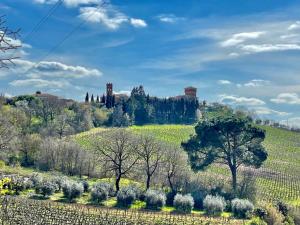 a field with trees and a castle on a hill at The Small Sweet House in Montepulciano