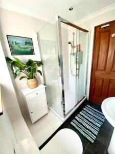 a bathroom with a glass shower and a sink at Apartment with parking, close to the Raigmore hospital in Inverness