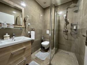 a bathroom with a shower and a sink and a toilet at Royal City Apartments in Jajce