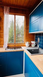 cocina con armarios azules, fregadero y ventana en Chata Jedovnice, en Jedovnice