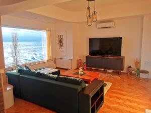 a living room with a blue couch and a flat screen tv at Villa Kalina in Ohrid