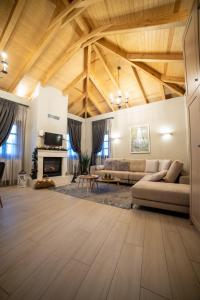 a living room with a couch and a fireplace at Casacaldametsovo in Metsovo