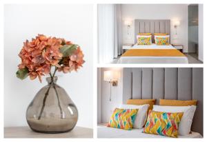 three pictures of a bedroom with a vase with flowers at Vila Luna B&B in Lagos