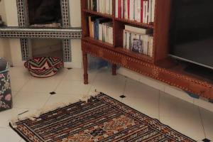 een woonkamer met een boekenplank en een tapijt bij Riyad Azul entre nature et océan in Sidi Kaouki