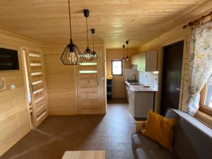 a living room with a couch and a kitchen at U dziewczyn w Terce in Terka